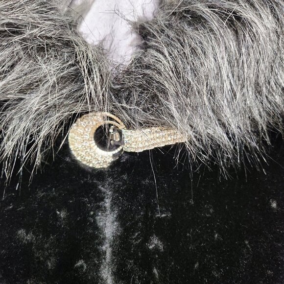 Black & Grey Faux Fur Jacket with Jewelled Rhinestone Closure and Hood - Picture 8 of 9